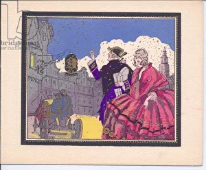A hand-coloured French Pochoir Christmas card of a man and lady walking in the falling A hand-coloured French Pochoir Christmas card of a man and lady walking in the falling