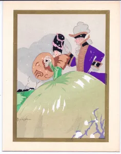 A hand-coloured French Pochoir greeting Card of a lady with an elaborate hat A hand-coloured French Pochoir greeting Card of a lady with an elaborate hat