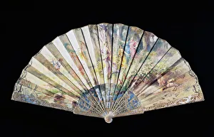 Hand fan depicting Spring or Blossoming of love, painted covered paper with engraved Hand fan depicting Spring or Blossoming of love, painted covered paper with engraved