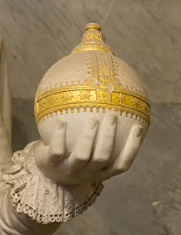 Detail of the hand holding the globe of Napoleon I, sculpture, crypt of the Invalides Detail of the hand holding the globe of Napoleon I, sculpture, crypt of the Invalides