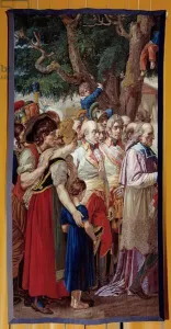 JLJ4599413 The handover of the keys of Vienna to Napoleon I (1769-1821) The emperor returned to the Austrian capital desertee by Francois II of Habsburg on 14/11/1805. Tapestry made by the Gobelins workshop. 1815. Sun 3, 35x1, 72 m Malmaison, musee du chateau by French School, (19th century); Musee National du Chateau de Malmaison, Rueil-Malmaison, France; (add.info.: The handover of the keys of Vienna to Napoleon I (1769-1821) The emperor returned to the Austrian capital desertee by Francois II of Habsburg on 14/11/1805. Tapestry made by the Gobelins workshop. 1815. Sun 3, 35x1, 72 m Malmaison, musee du chateau); Photo A© Photo Josse; French, out of copyright The handover of the keys of Vienna to Napoleon I (1769-1821