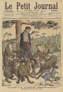 A hanged man devoured by wolves on the moors of Brittany (colour litho) A hanged man devoured by wolves on the moors of Brittany (colour litho)