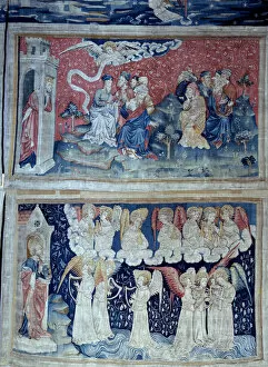 Hanging of Revelation (1373-1383), n. 49: the first angel announces victory. Below, n. 56, the seven angels carry the seven bottles of God's anger. Tapestry by Nicolas Bataille (1330-1405), 14th century. Angers, Musee De La Tapestry