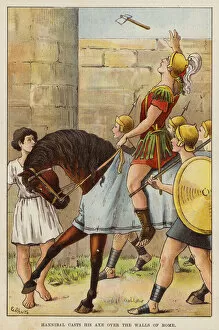 Hannibal casting his axe over the walls of Rome (chromolitho)