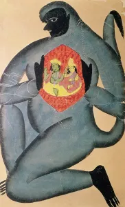 Hanuman revealing Rama and Sita enshrined in his heart, painted by a member of the Patua caste Hanuman revealing Rama and Sita enshrined in his heart, painted by a member of the Patua caste