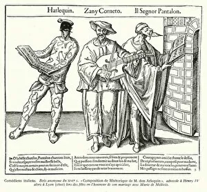Harlequin, Zany Corneto and Patalone, characters from the Commedia dell'Arte (woodcut)