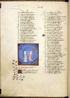 English School Gallery: Harley 4431, f.189v, Miniature of two women standing in a sphere of the cosmos, with the moon