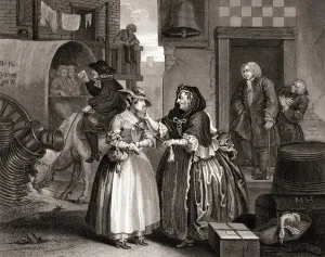The Harlots Progress ensnared by a procuress, from The Works of Hogarth published London The Harlots Progress ensnared by a procuress, from The Works of Hogarth published London