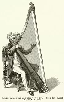 Harpiste gallois jouant de la telyn (engraving)