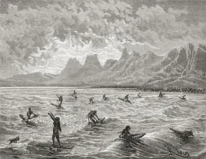 Hawaiians surfing, illustration from The World in the Hands, engraved by Charles Barbant Hawaiians surfing, illustration from The World in the Hands, engraved by Charles Barbant