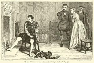 'He put off his shoes and hose, and stretched out his leg to the flame' (engraving)