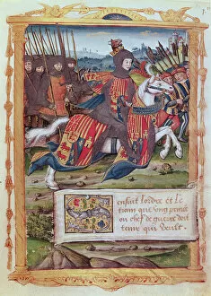 Teamsport Gallery: Head of an army riding in front of a group of pikemen, from a miniature codice about the French art of war (vellum)