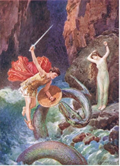 Down from the heights of the air fell Perseus, illustration for How Perseus came to Ethiopia