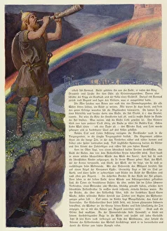 Heimdallr sounding the horn Gjallarhorn on Bifrost, the rainbow bridge connecting Earth to the realm of the gods Heimdallr sounding the horn Gjallarhorn on Bifrost, the rainbow bridge connecting Earth to the realm of the gods