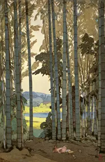 Hens in the bamboo wood (colour woodblock print) Hens in the bamboo wood (colour woodblock print)