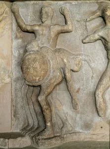 Hercules and Geryon, the three-headed giant. 1st century (relief) Hercules and Geryon, the three-headed giant. 1st century (relief)