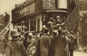 Herding passengers onto a bus at Ludgate Hill, City of London (b/w photo) Herding passengers onto a bus at Ludgate Hill, City of London (b/w photo)