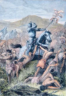 Hernan Cortes at the Battle of Otumba, Mexico, 1520 (colour litho) Hernan Cortes at the Battle of Otumba, Mexico, 1520 (colour litho)
