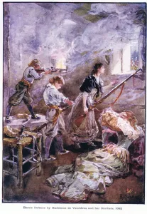 Heroic defence by Madeleine de Vercheres and her brothers 1692, c.1920 (colour litho) Heroic defence by Madeleine de Vercheres and her brothers 1692, c.1920 (colour litho)