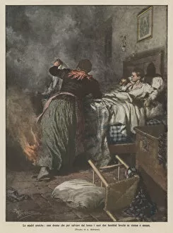 The heroic mothers, a woman who burns herself and dies to save her two children from the fire (colour litho)