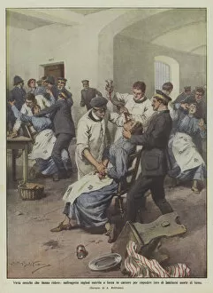 Heroic virtues that make you laugh, English suffragettes forcibly fed in prison to prevent them... (colour litho)