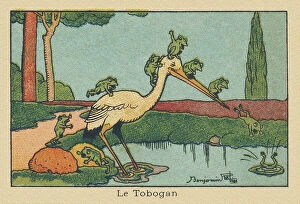 Tobogganing Gallery: A heron's beak acts as a slide for frogs diving into the pond.' The Tobogan', 1936 (illustration)