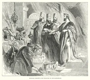 Hezekiah exhibiting his Treasures to the Babylonians (engraving) Hezekiah exhibiting his Treasures to the Babylonians (engraving)