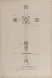 High Altar: proposed gold and silver cross, 5 ft high (pencil, ink, brush, w/c High Altar: proposed gold and silver cross, 5 ft high (pencil, ink, brush, w/c
