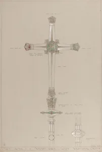 High Altar: proposed gold and silver processional cross, actual size (pencil, ink, brush High Altar: proposed gold and silver processional cross, actual size (pencil, ink, brush
