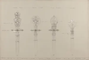 High Altar: proposed gold and silver staves and maces, actual size (pencil, ink, brush High Altar: proposed gold and silver staves and maces, actual size (pencil, ink, brush
