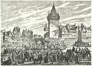 The Hirsebreifahrt, transportation of a cargo of millet by boat from Zurich to the city's ally, Strasbourg, 1576 (engraving)