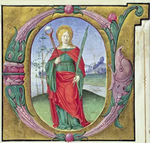 Images Dated 24th October 2005: Historiated initial G depicting St. Agatha (vellum)