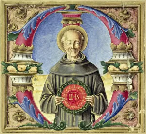 Images Dated 24th October 2005: Historiated initial M depicting St. Bernardino of Siena (vellum)