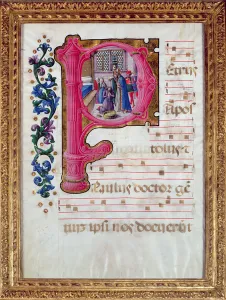 Historiated initial P depicting the Baptism of Constantine (c Historiated initial P depicting the Baptism of Constantine (c