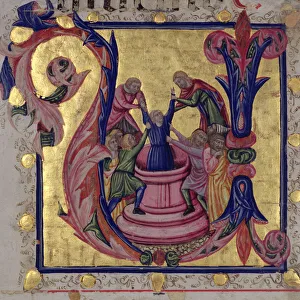 Historiated initial 'U' depicting Joseph being pulled from the well by his brothers, Tuscan School (vellum) Historiated initial 'U' depicting Joseph being pulled from the well by his brothers, Tuscan School (vellum)