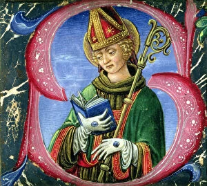 Images Dated 23rd June 2005: Historiated initials depicting a Bishop Saint, c.1470 (vellum)