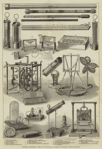 1602488 Historical Treasures in the Loan Collection of Scientific Apparatus, South Kensington (engraving) by English School, (19th century); Private Collection; (add.info.: Historical Treasures in the Loan Collection of Scientific Apparatus, South Kensington. Illustration for The Illustrated London News, 16 September 1876.
English School (19th Century)); Look and Learn / Illustrated Papers Collection Historical Treasures in the Loan Collection of Scientific Apparatus, South Kensington (engraving)