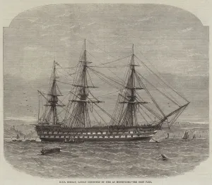 Montevideo Gallery: HMS Bombay, lately destroyed by Fire at Montevideo (engraving)