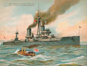 HMS Dreadnought, British battleship that revolutionised naval power (chromolitho) HMS Dreadnought, British battleship that revolutionised naval power (chromolitho)