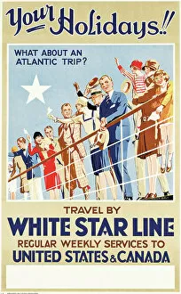 Using Hands Collection: Your Holidays! Travel by the White Star Line, a poster advertising travel to United States