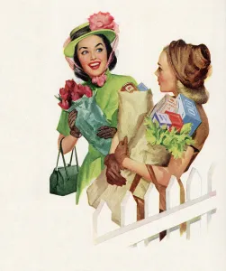 Suburbia Gallery: Homemakers Chatting After Returning from Shopping, 1954 (screen print)