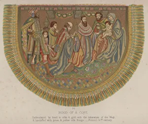 Hood of a Cope, Embroidered by hand in silks and gold, with the Adoration of the Magi Hood of a Cope, Embroidered by hand in silks and gold, with the Adoration of the Magi