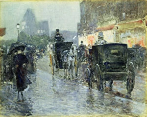 Childe Frederick Hassam Gallery: Horse Drawn Cabs at Evening, New York, c.1890 (w / c and gouache on paper)