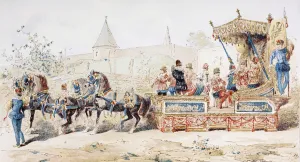 Horse Drawn Decorated Wagon carrying Professional Musicians, 16th Century, 1886 Horse Drawn Decorated Wagon carrying Professional Musicians, 16th Century, 1886
