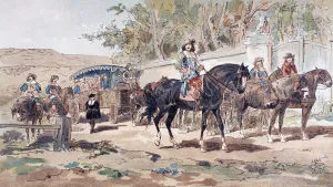 A Horse Drawn Public Diligence, or Coach, of the 17th Century with Mounted Escort A Horse Drawn Public Diligence, or Coach, of the 17th Century with Mounted Escort