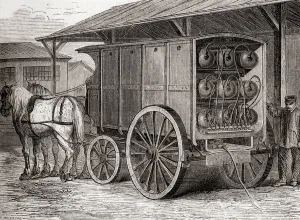 Horse drawn vehicle used to transport compressed gas in portable containers in the 19th Horse drawn vehicle used to transport compressed gas in portable containers in the 19th