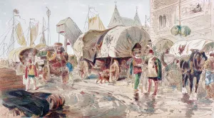 Horse Drawn Wagons full of Goods and belonging to the Hanseatic League arrive at a Port Horse Drawn Wagons full of Goods and belonging to the Hanseatic League arrive at a Port