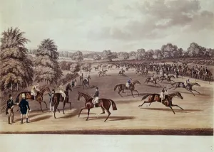 Horse racing at Epsom before departure Illustration by James Pollard (1792-1867 Horse racing at Epsom before departure Illustration by James Pollard (1792-1867