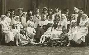 Hospital staff and patients (b/w photo)