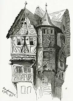 House in Bacharach on the River Rhine, 19th Century (b / w engraving)